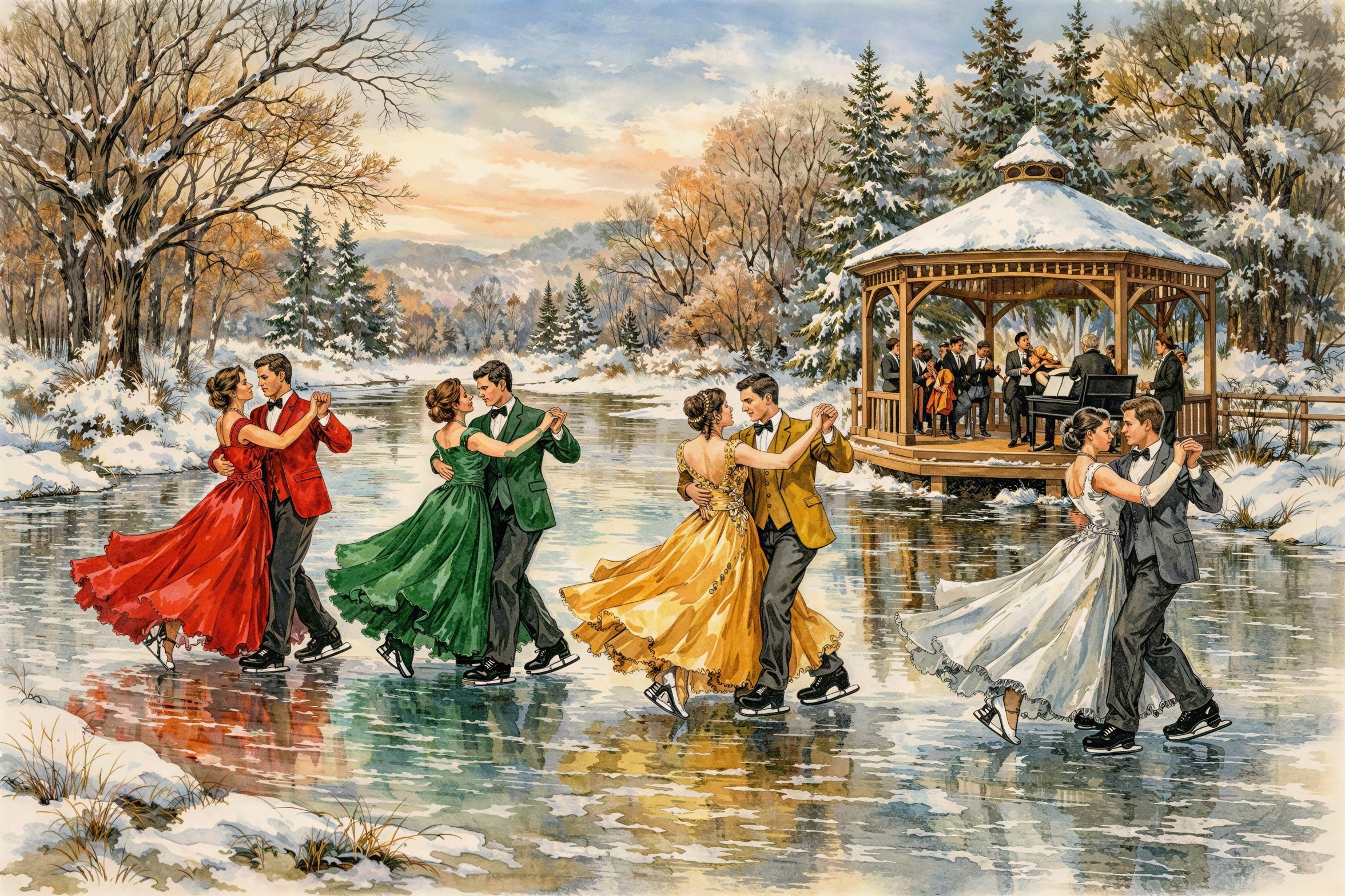 Winter Ice Skating Scene with Couples and Orchestra