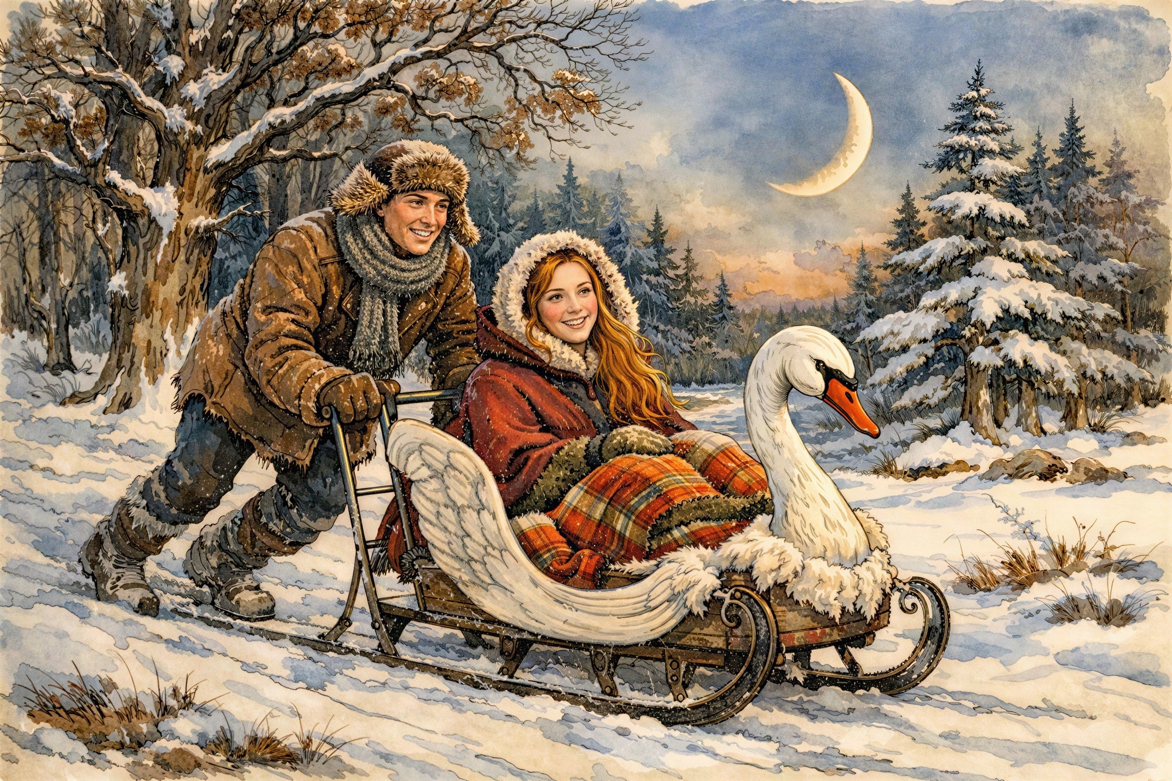 Watercolor scene of a young couple in winter setting
