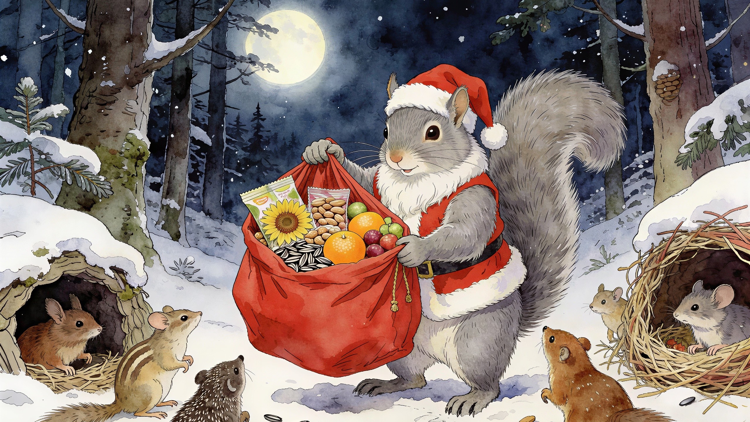 Nocturnal Watercolor of Santa Squirrel in Snowy Forest