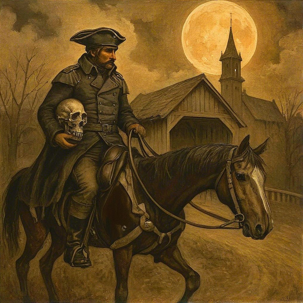 Mounted Figure with Skull Under Full Moon and Trees