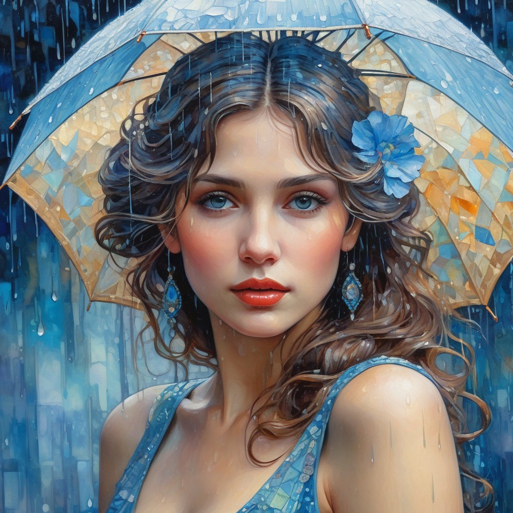 Young woman in blue dress with umbrella in rain