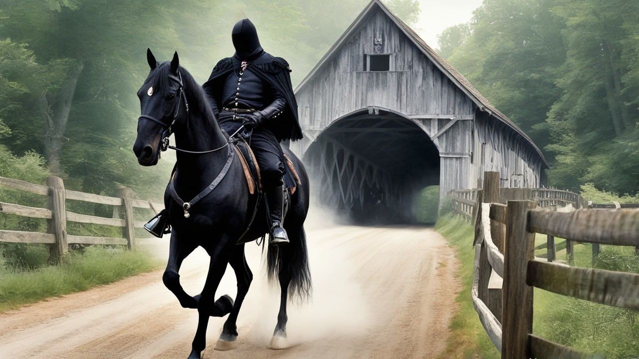 Mysterious Cloaked Figure on Black Horse by Bridge
