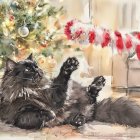 Fluffy Black Cat Lounging in Sunlit Floral Setting