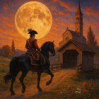 Lone Rider on Black Horse Under Full Moonlight