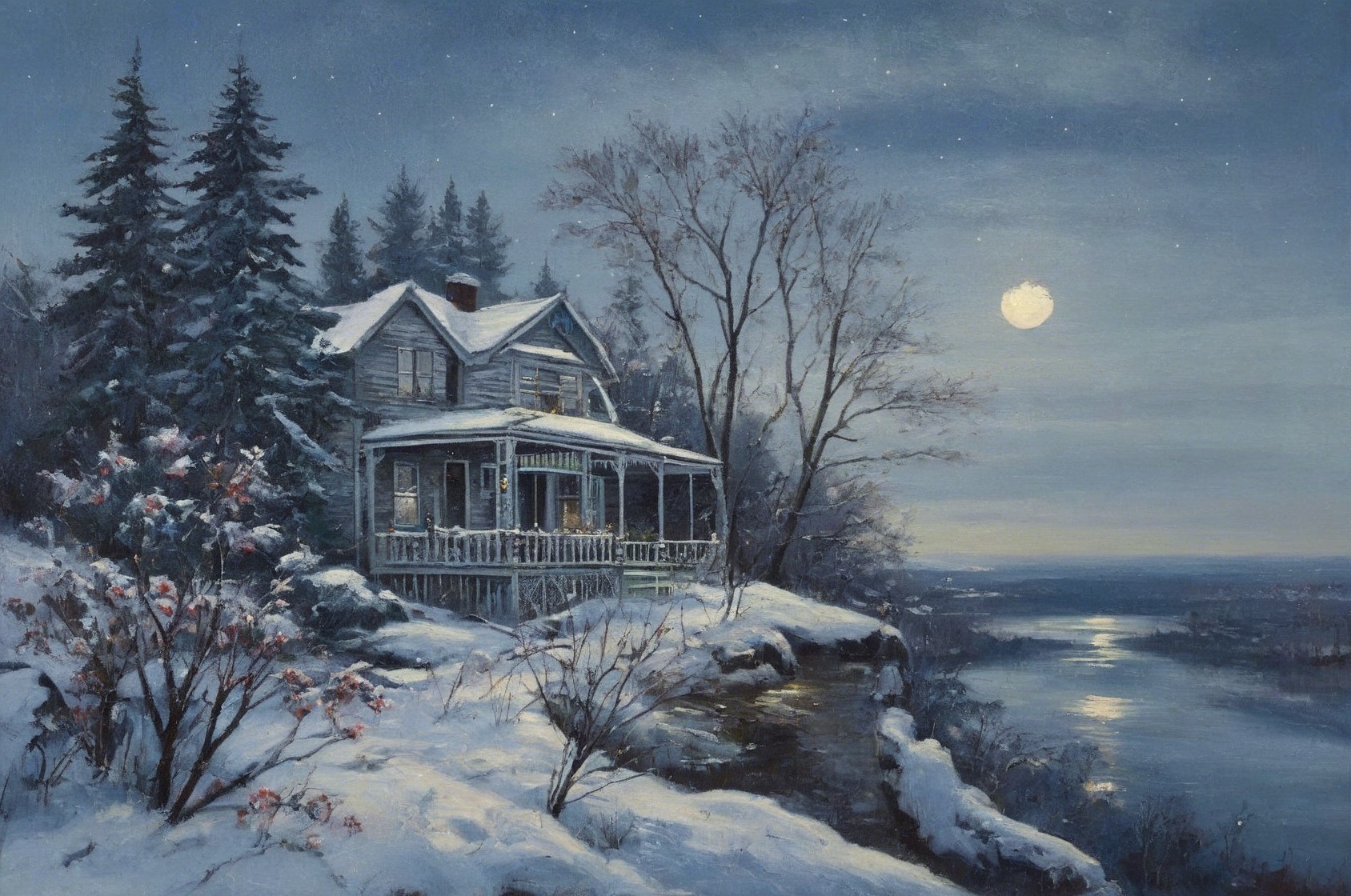 Snowy Winter Scene with House and Moonlit Landscape