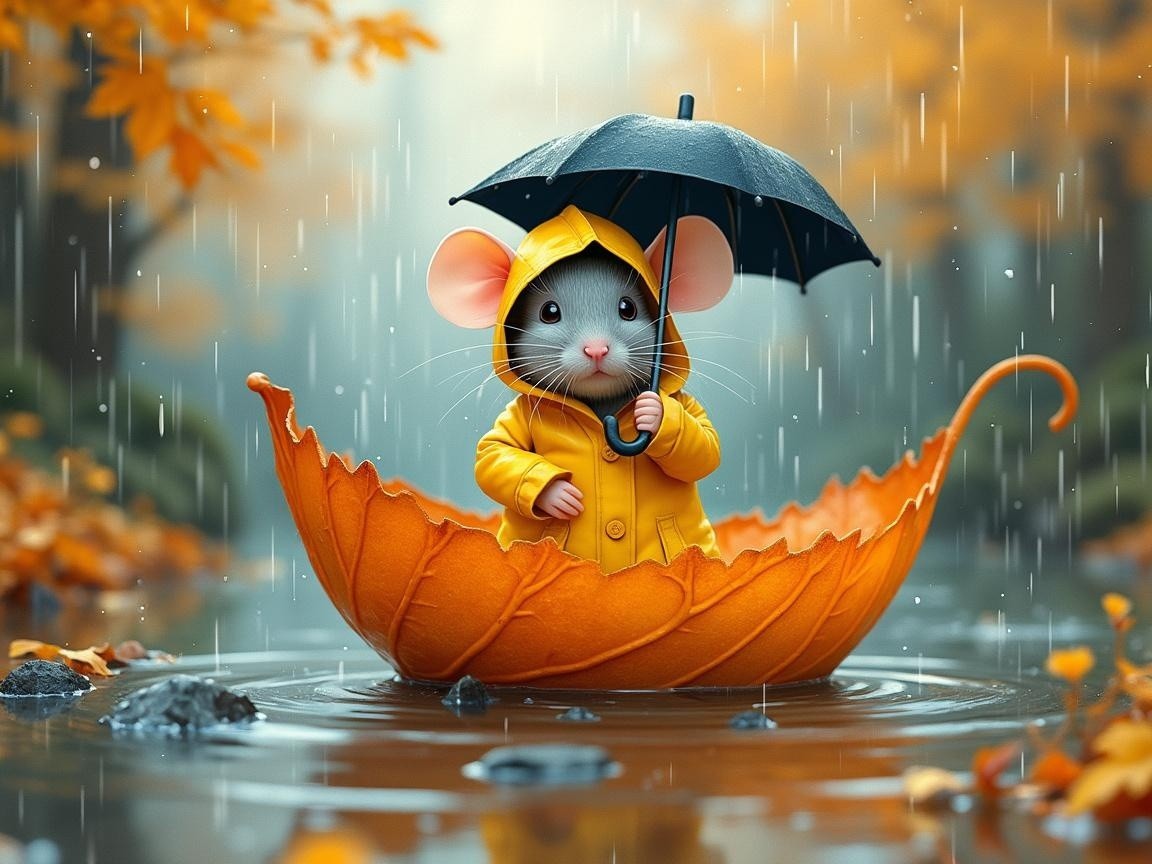 Mouse in Yellow Raincoat in Leaf Boat with Umbrella