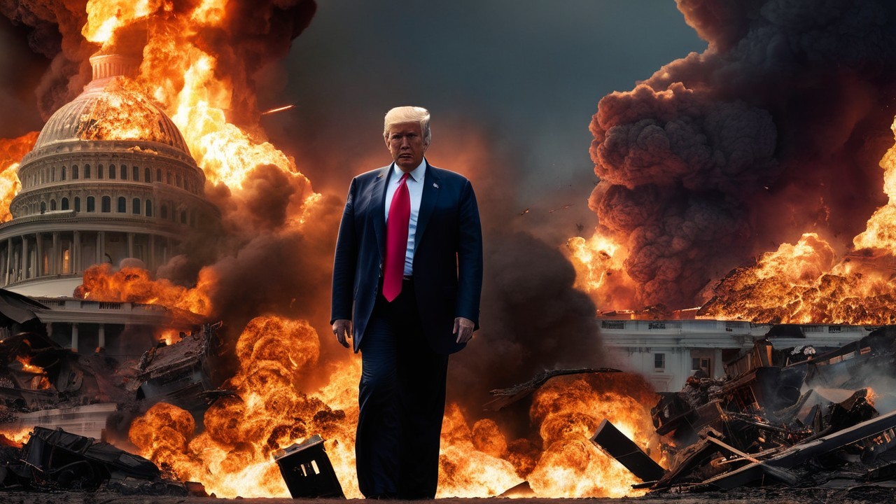 Dramatic scene of figure amidst apocalyptic chaos