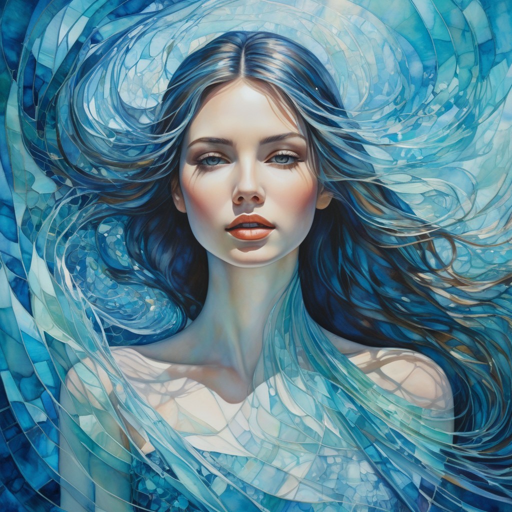 Serene Woman in Blue with Underwater Patterns