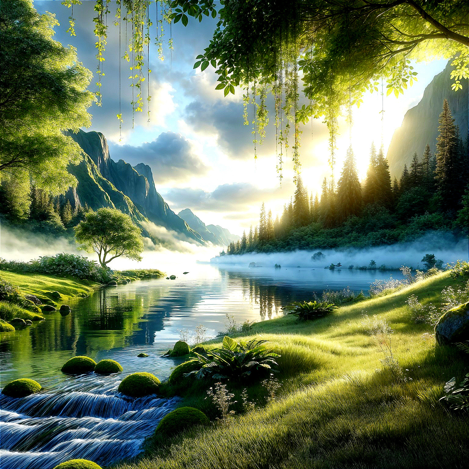 Serene Landscape with River and Misty Mountains