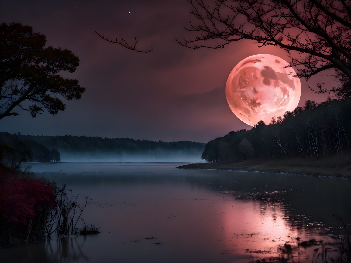 Serene landscape with full moon over calm lake