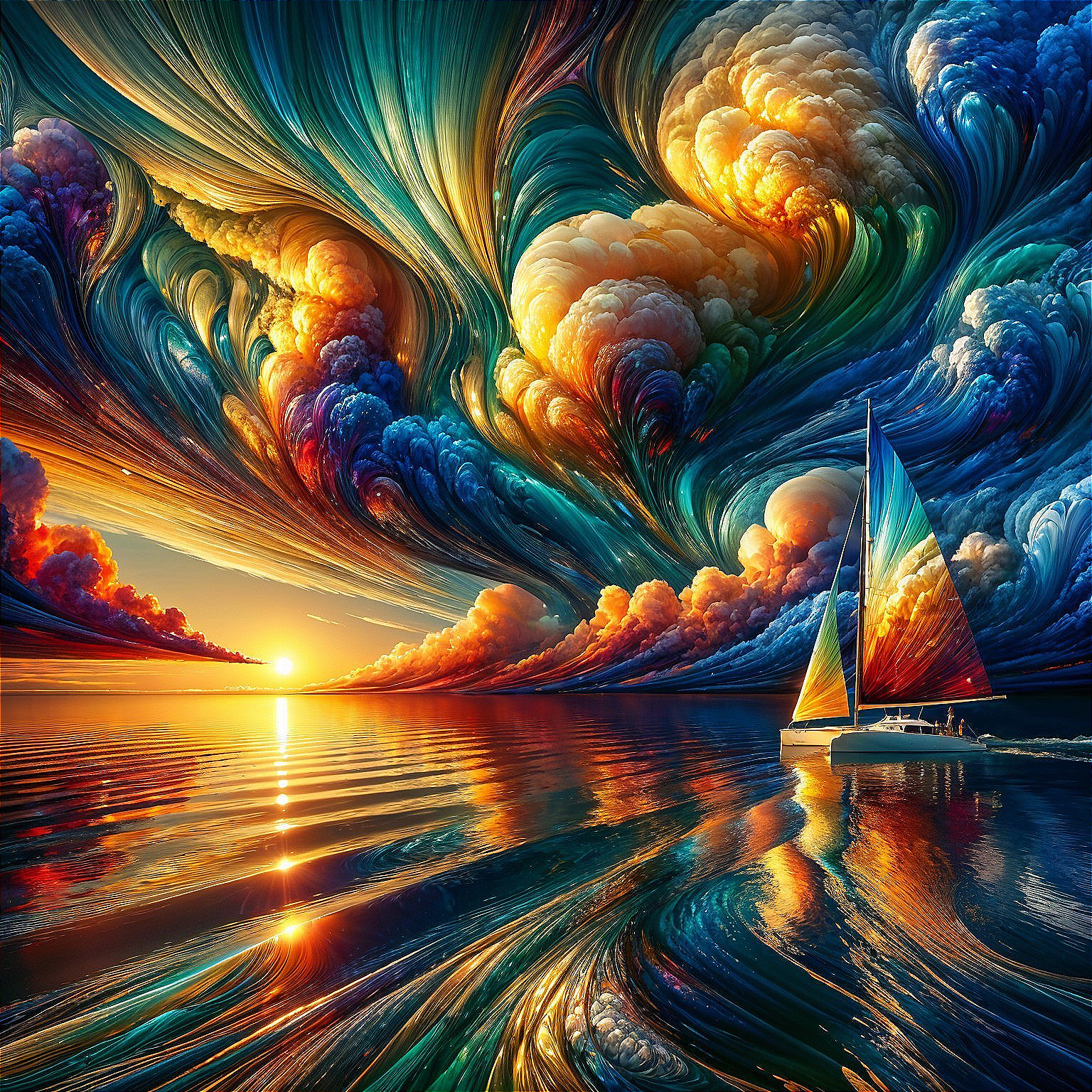 Surreal Seascape with Sailboat at Sunset