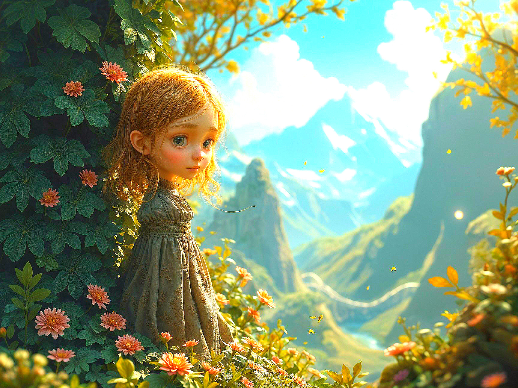 Whimsical Scene of a Girl Among Flowers and Mountains