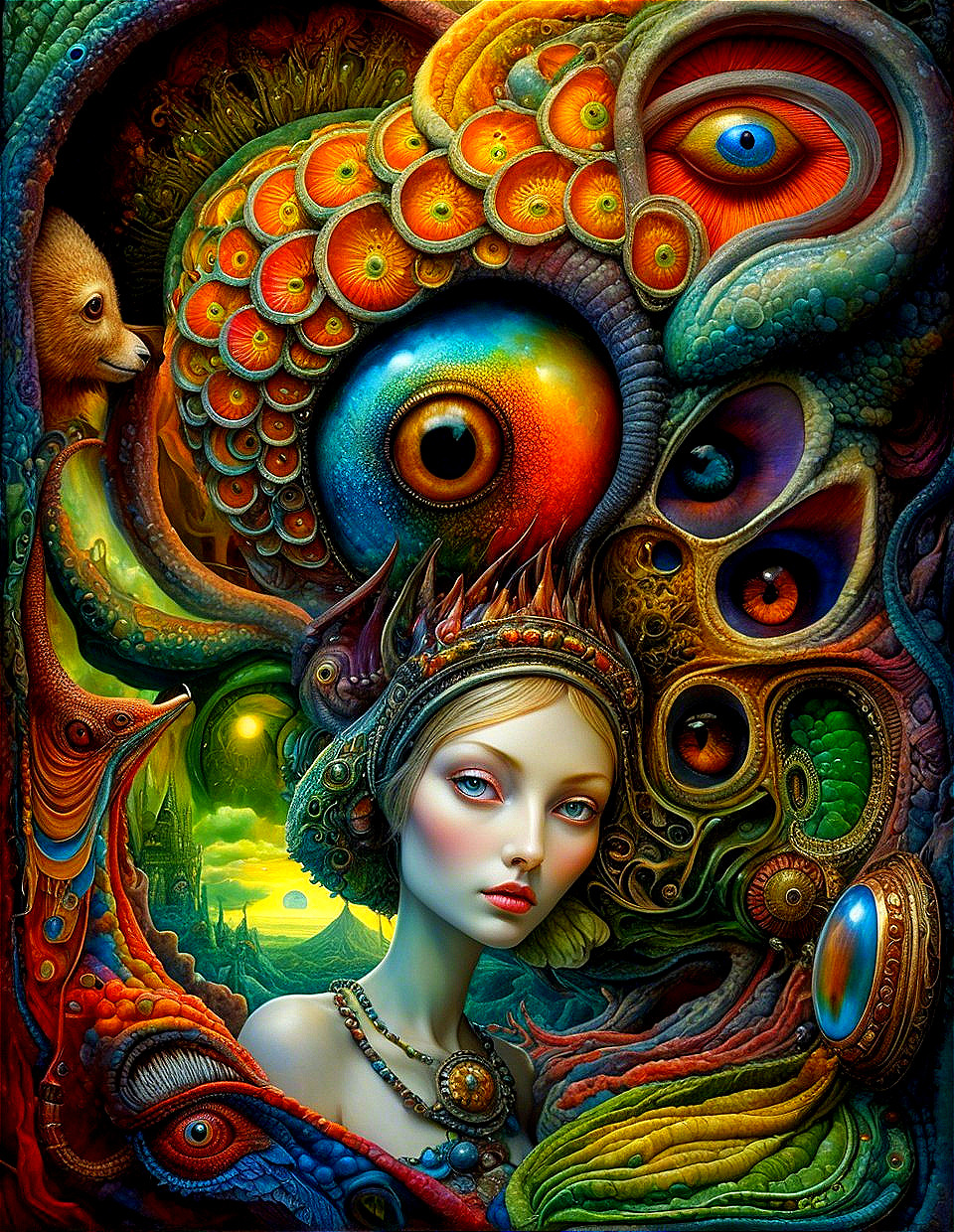 Surreal Artwork of a Woman in Vibrant Fantasy Realm