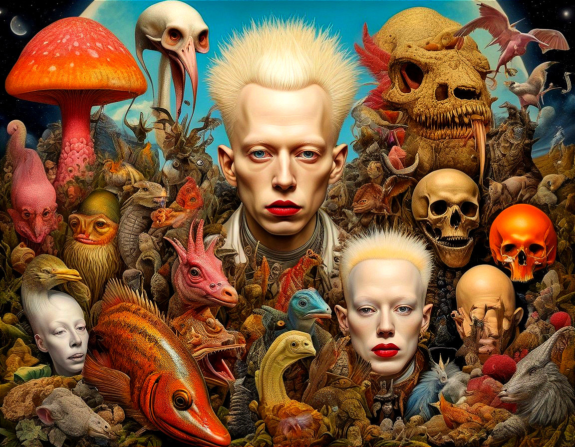 Surreal Composition with Humanoids and Fantastical Creatures
