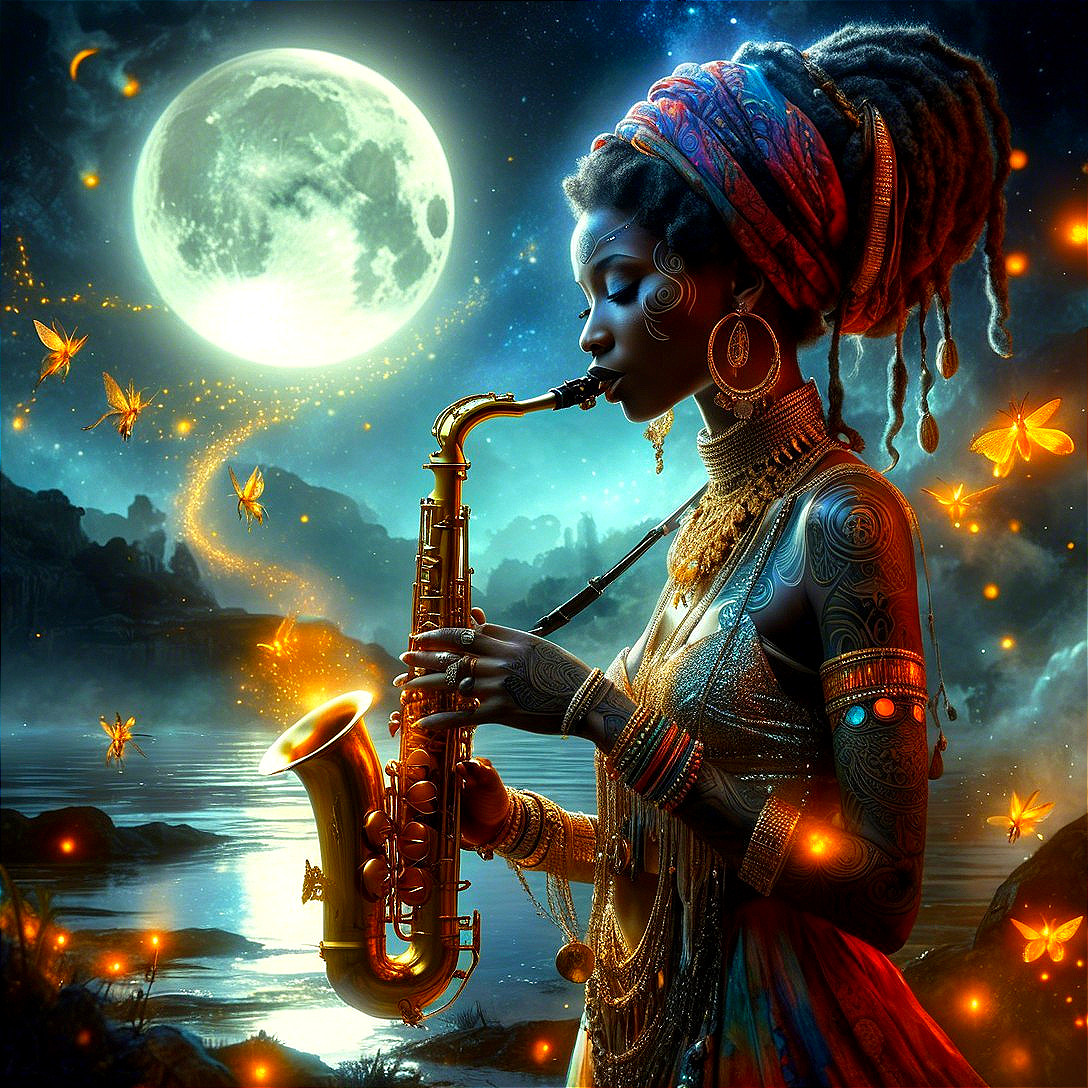Woman with tattoos playing saxophone by moonlit lake
