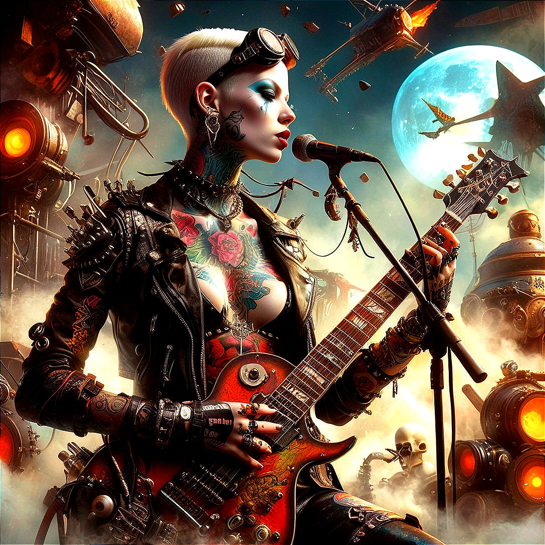 Tattooed Musician in Leather Jacket with Steampunk Backdrop