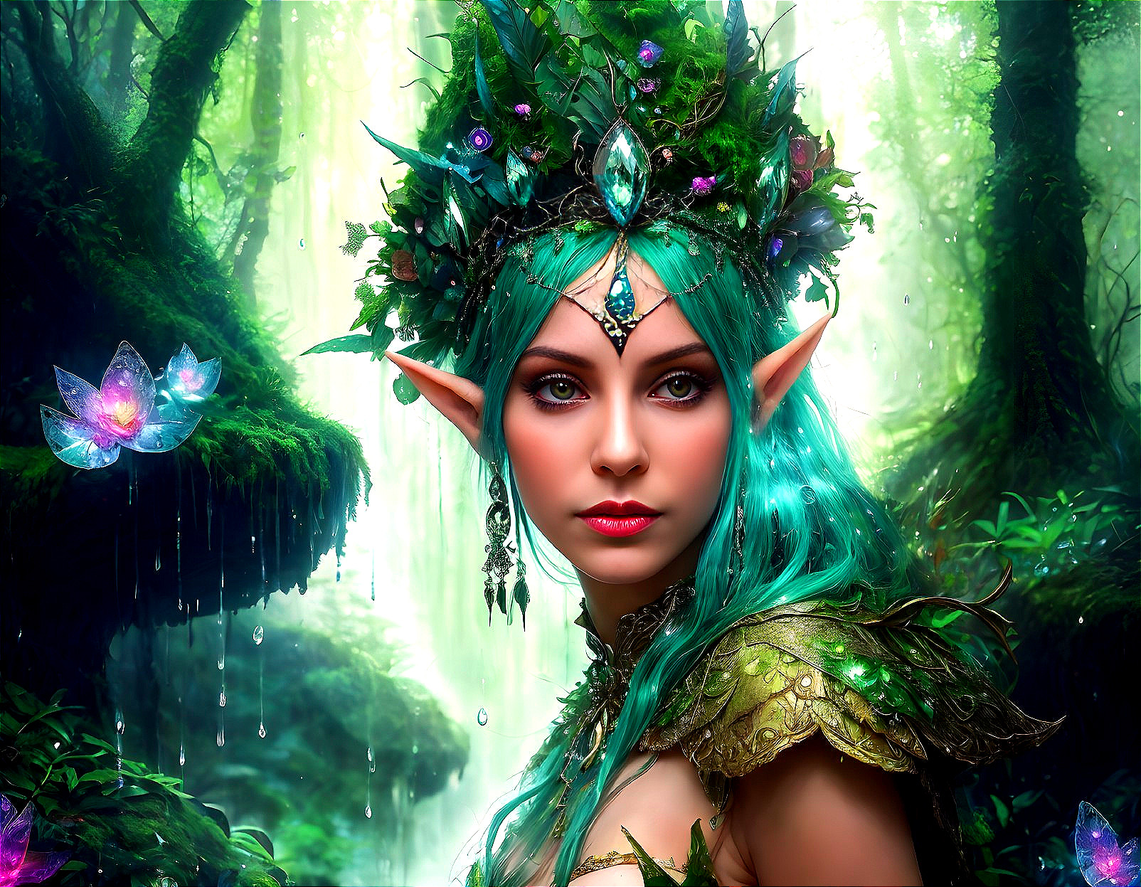 Fantasy forest elf with teal hair and crown in wooded setting