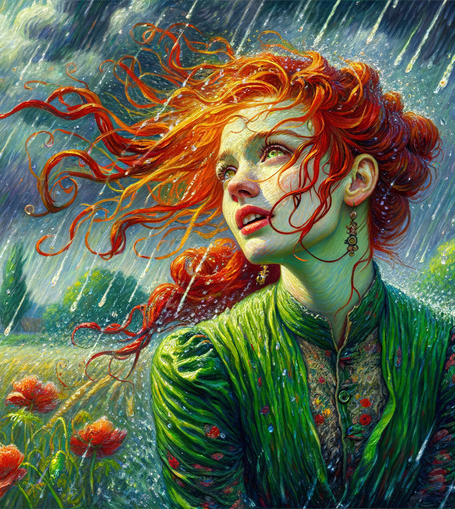 Surreal Portrait of Woman in Rain with Floral Dress