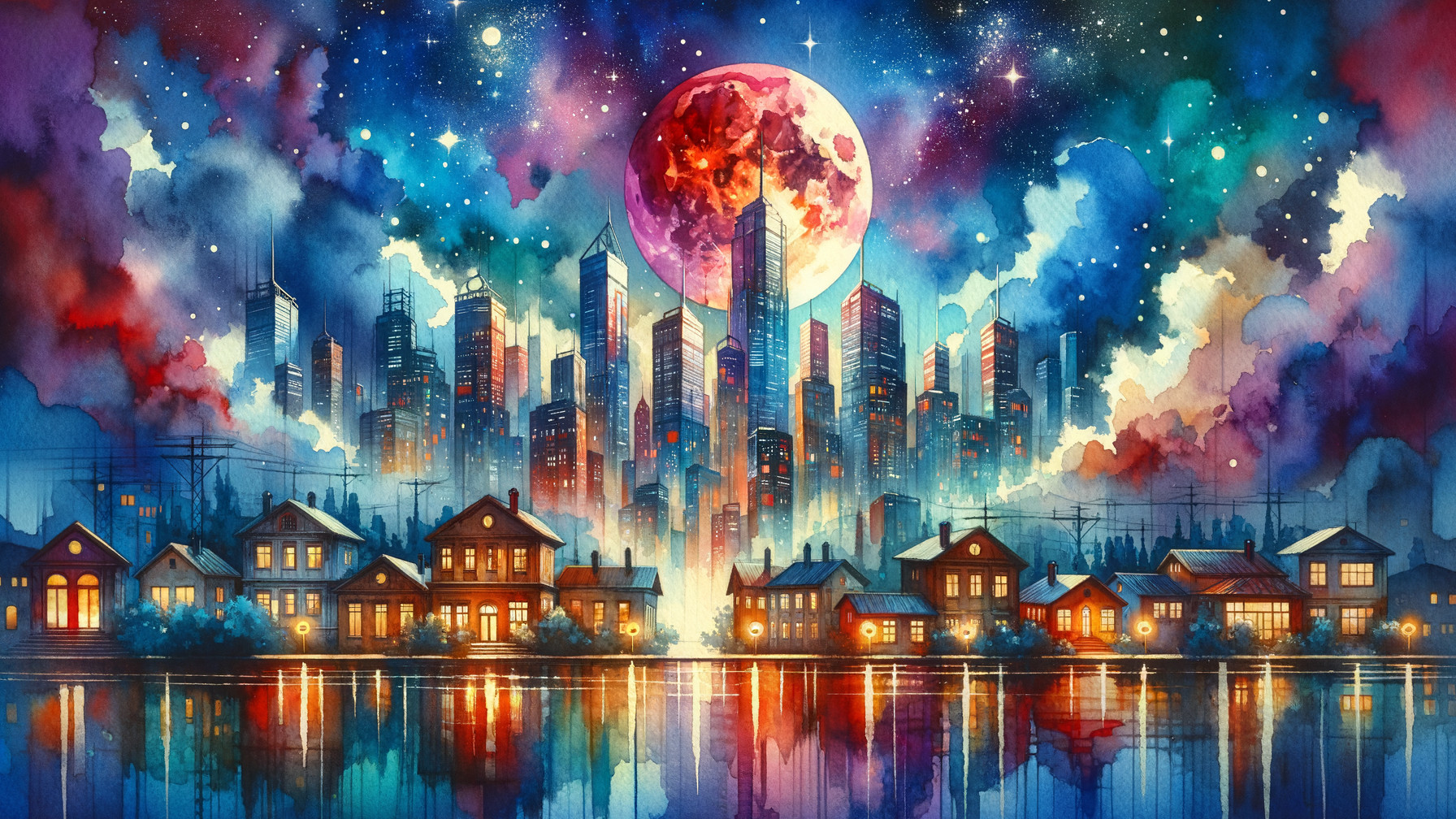 Watercolor Neighborhood with Cosmic Cityscape Background