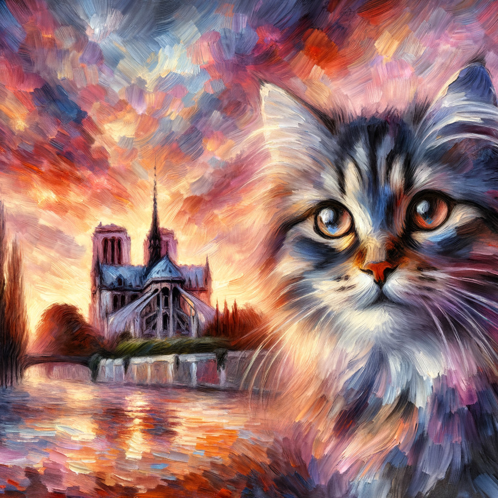 Impressionistic Cat Scene with Sunset and Cathedral