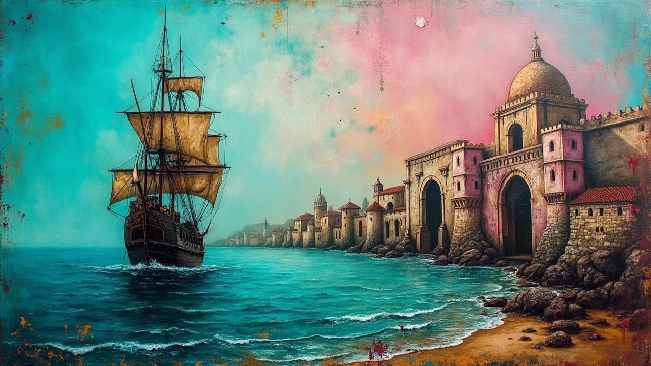 Majestic sailing ship near picturesque coastline scene