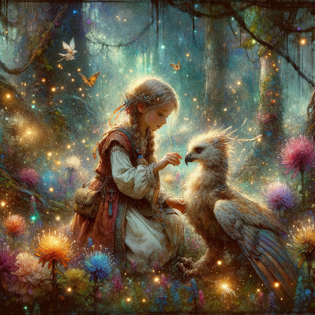 Young girl and griffin in a magical forest setting