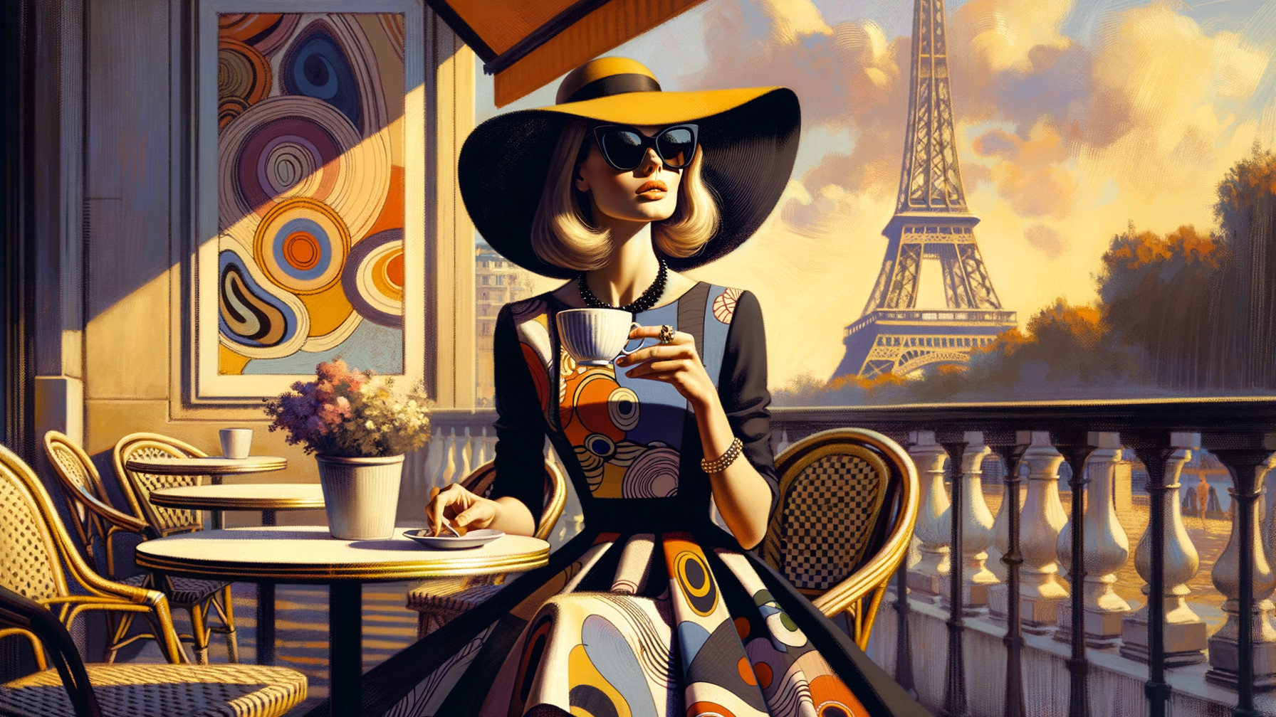 Stylish Woman in Vintage Dress at Chic Café by Eiffel Tower