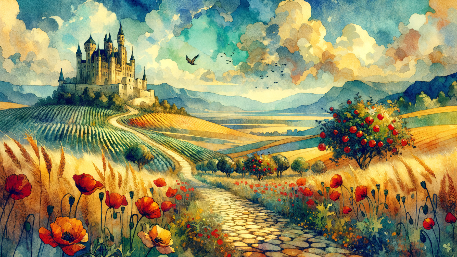 Watercolor Landscape with Castle and Lush Fields