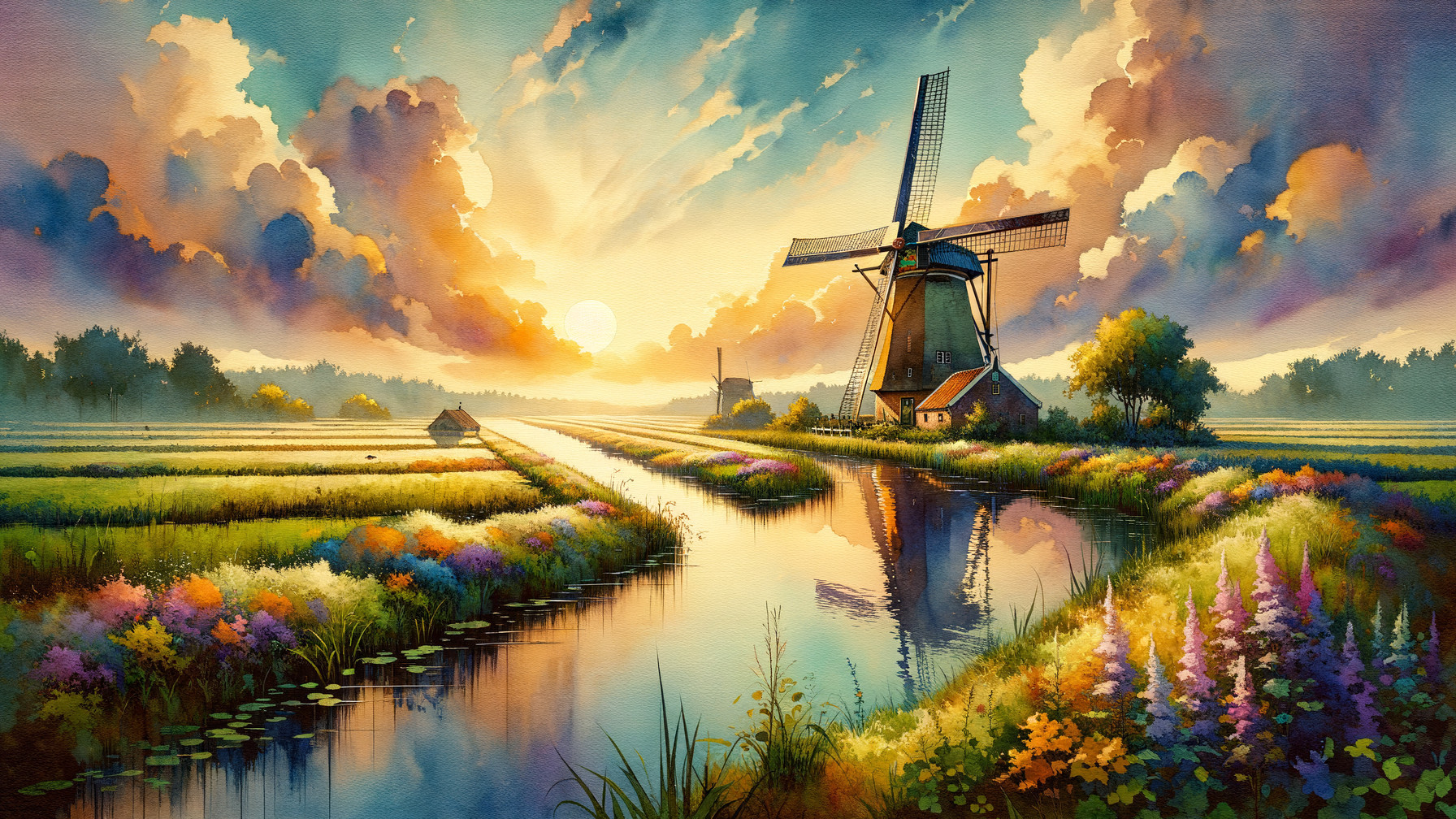 Serene Landscape with Windmill and Sunset Reflection