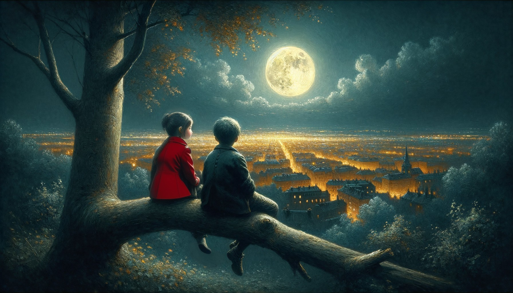 Children on a tree branch under a full moon in city