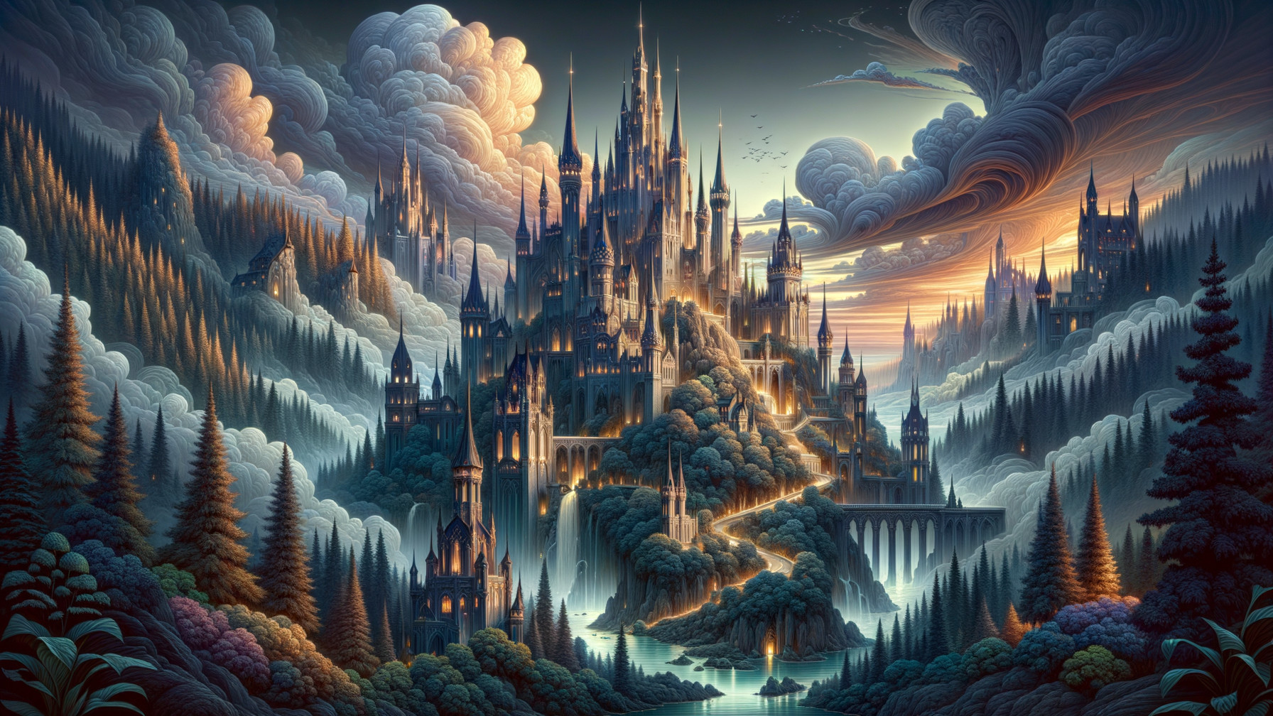 Majestic castle atop a hill with sunset backdrop