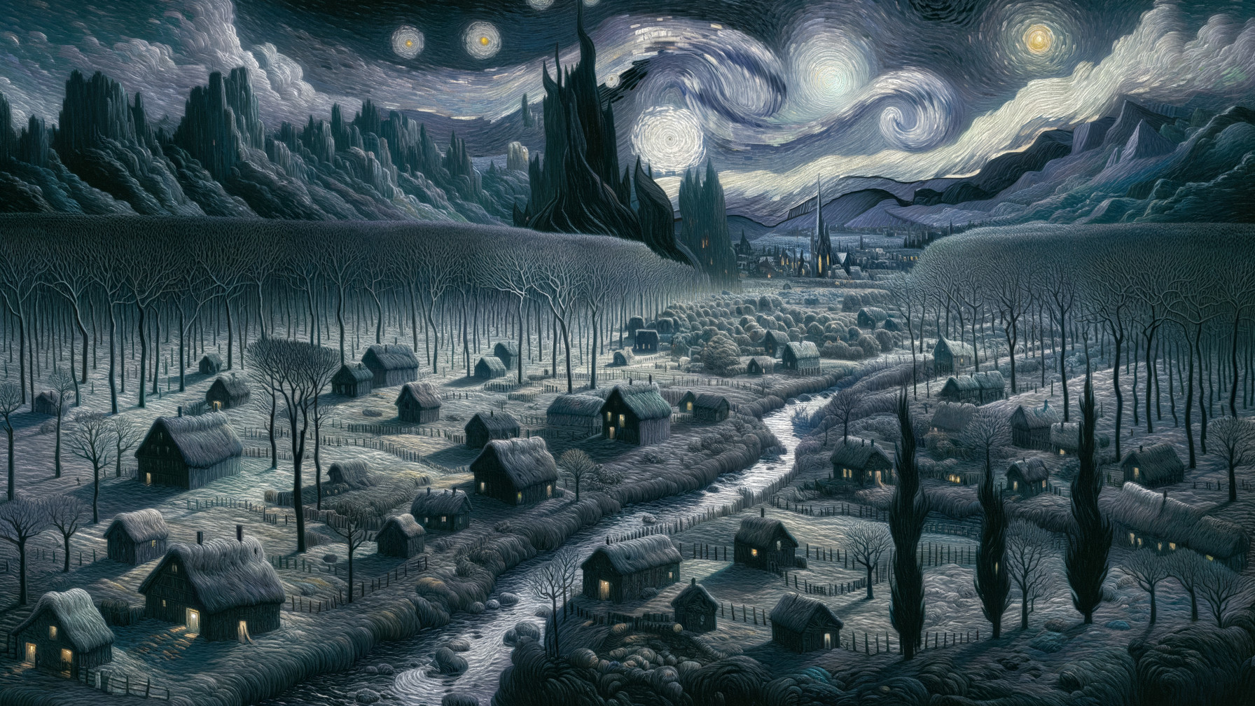 Twilight Village with Cottages and Celestial Landscape