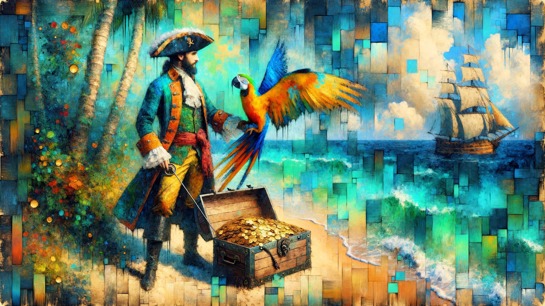 Colorful Pirate on Beach with Treasure and Ship