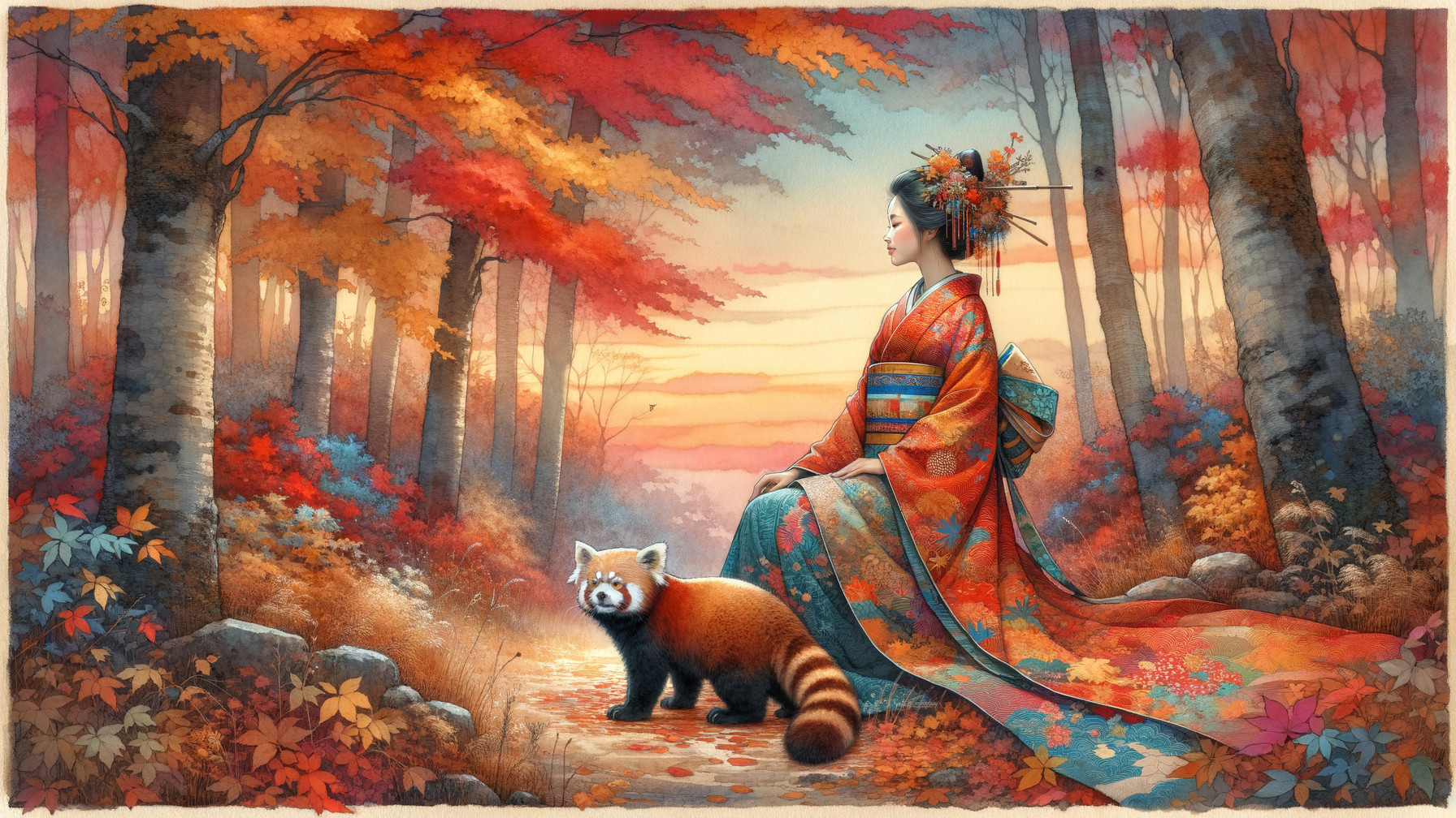 Autumn Scene with Woman in Kimono and Red Panda