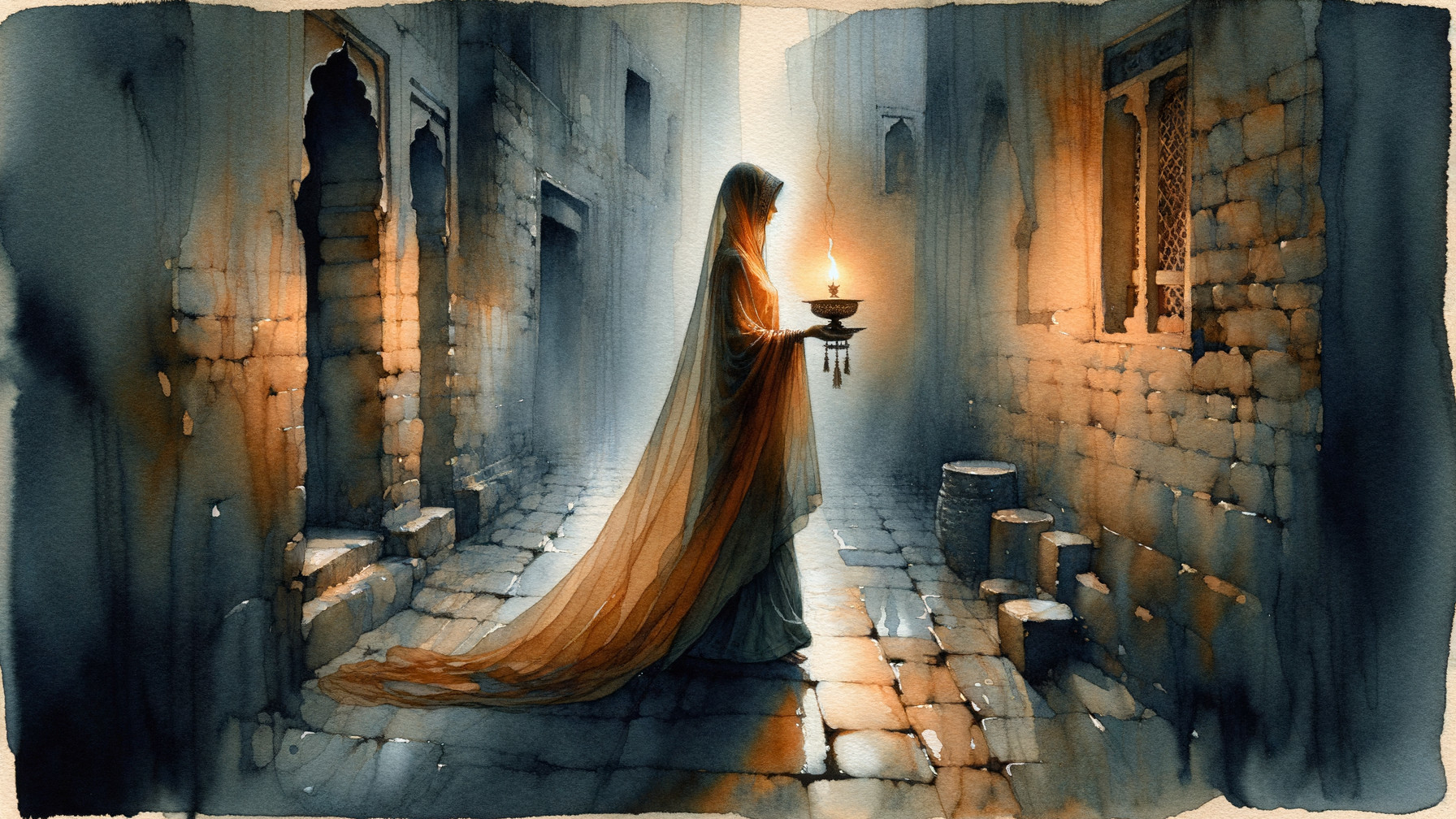 Cloaked Figure with Lantern in Dimly Lit Alleyway