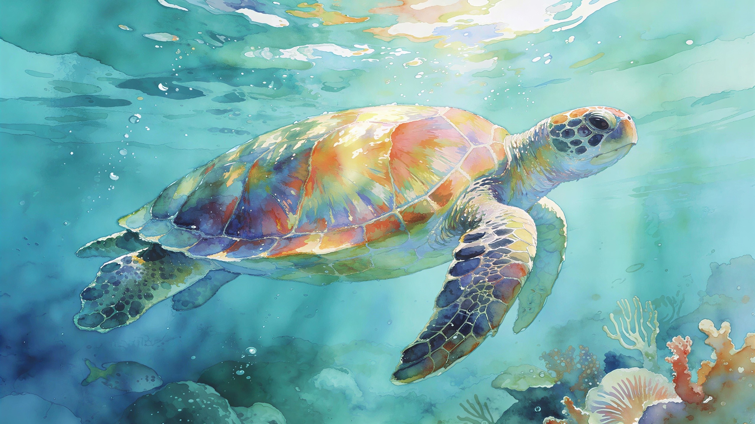 Underwater Digital Painting of a Glowing Sea Turtle