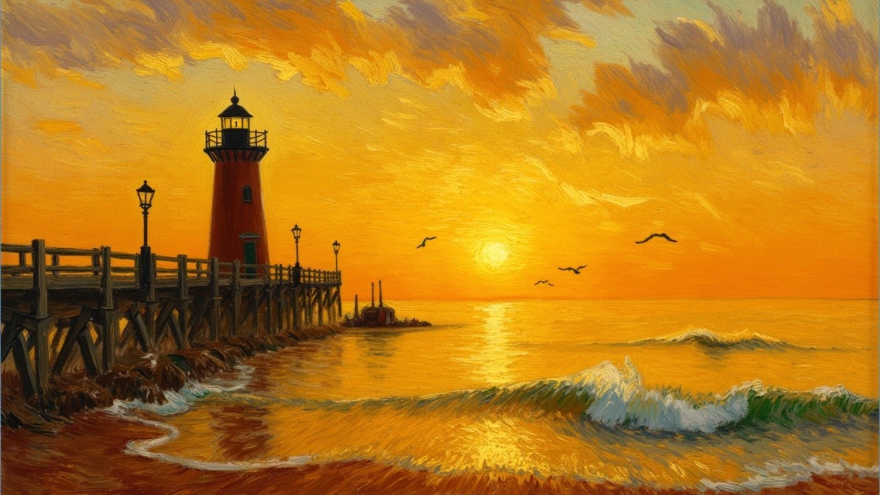 Vibrant Sunset Over Tranquil Seascape with Lighthouse