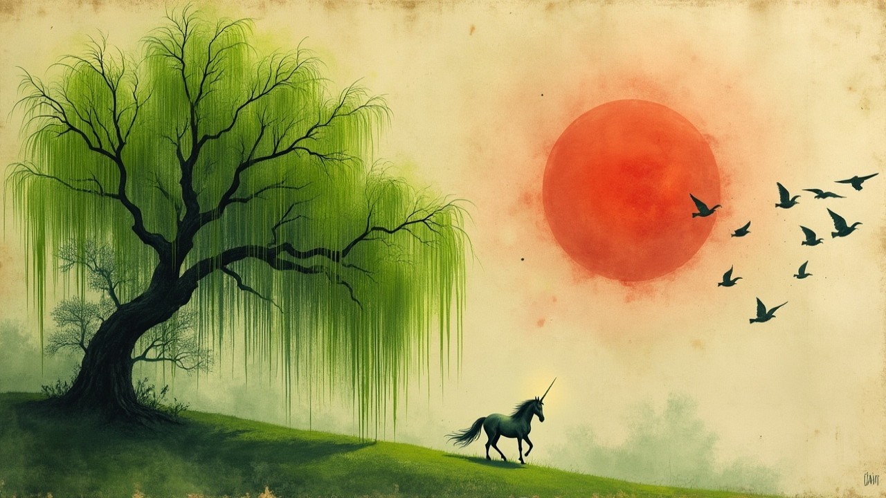 Unicorn in Serene Landscape Under Willow Tree