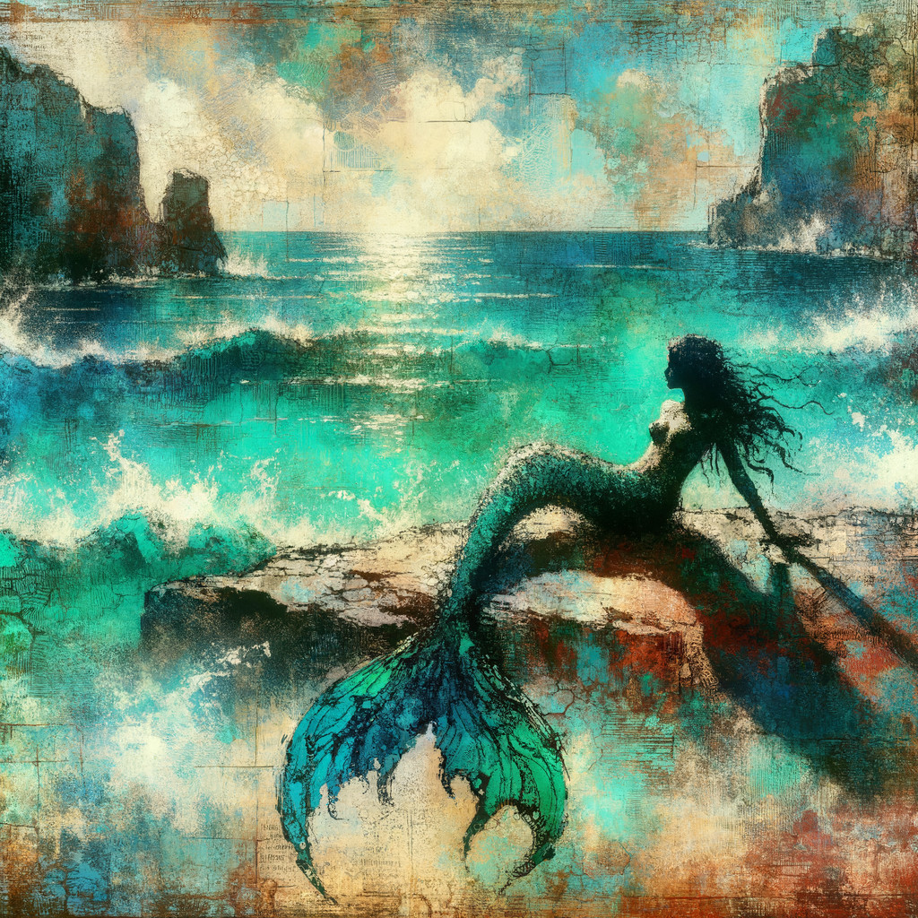 Mermaid on Rocky Shore with Vibrant Sea and Sky
