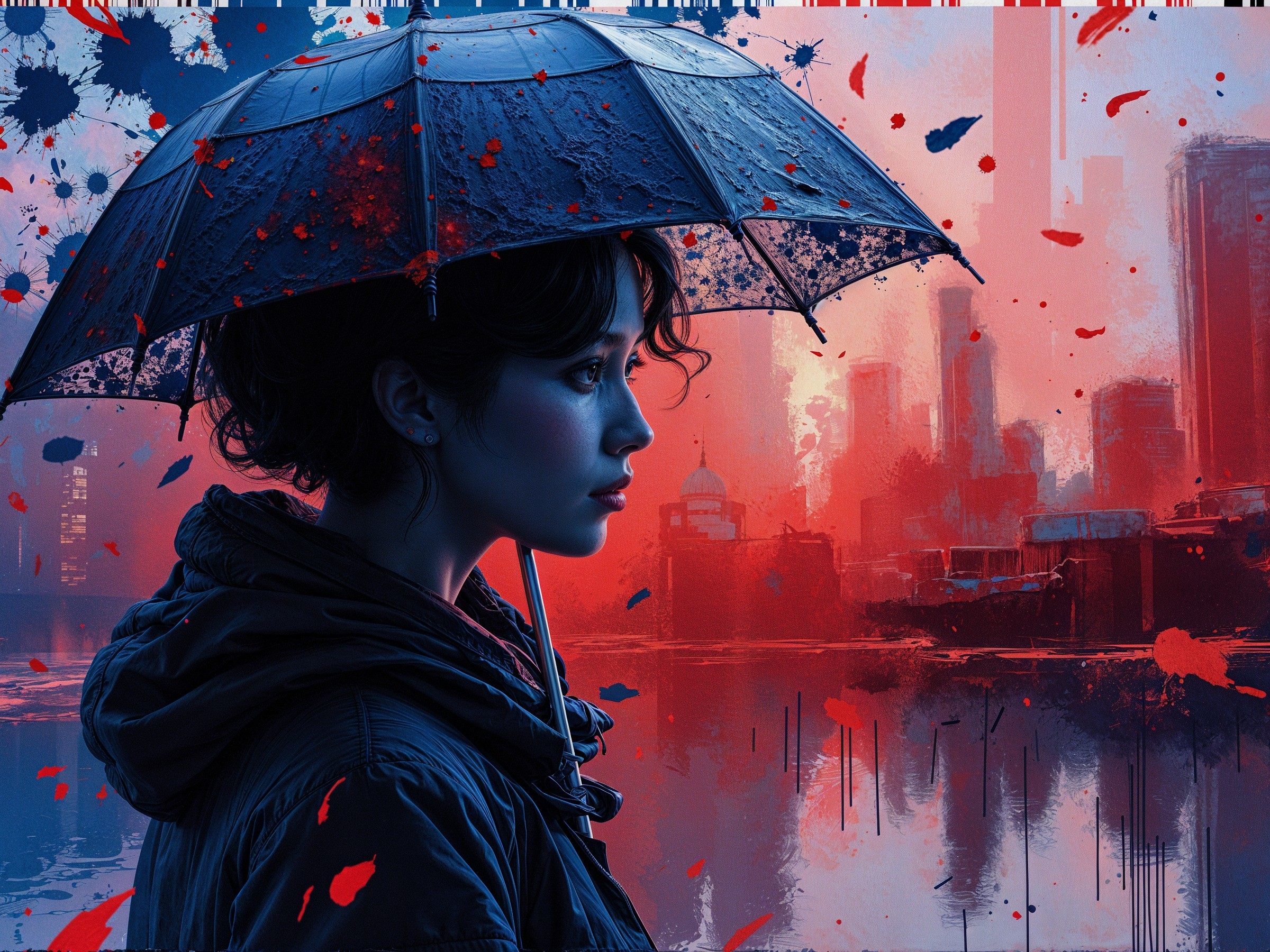 Woman with Curly Hair Under Colorful Umbrella in City