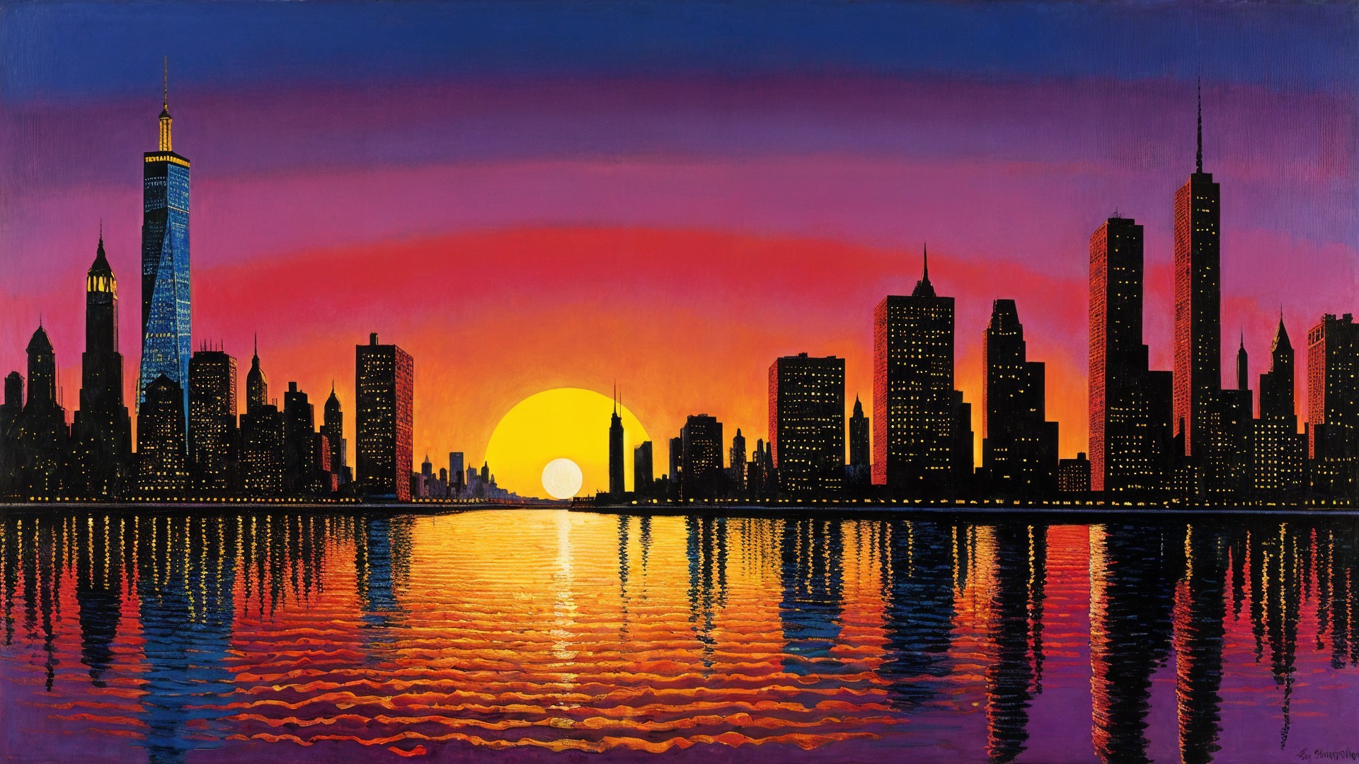 Vibrant Sunset Over City Skyline and Calm Waters