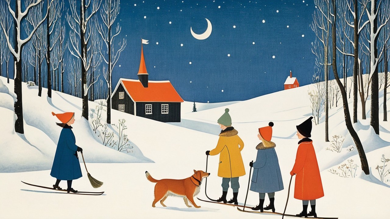 Winter Landscape with Skiers and a Cozy Cottage