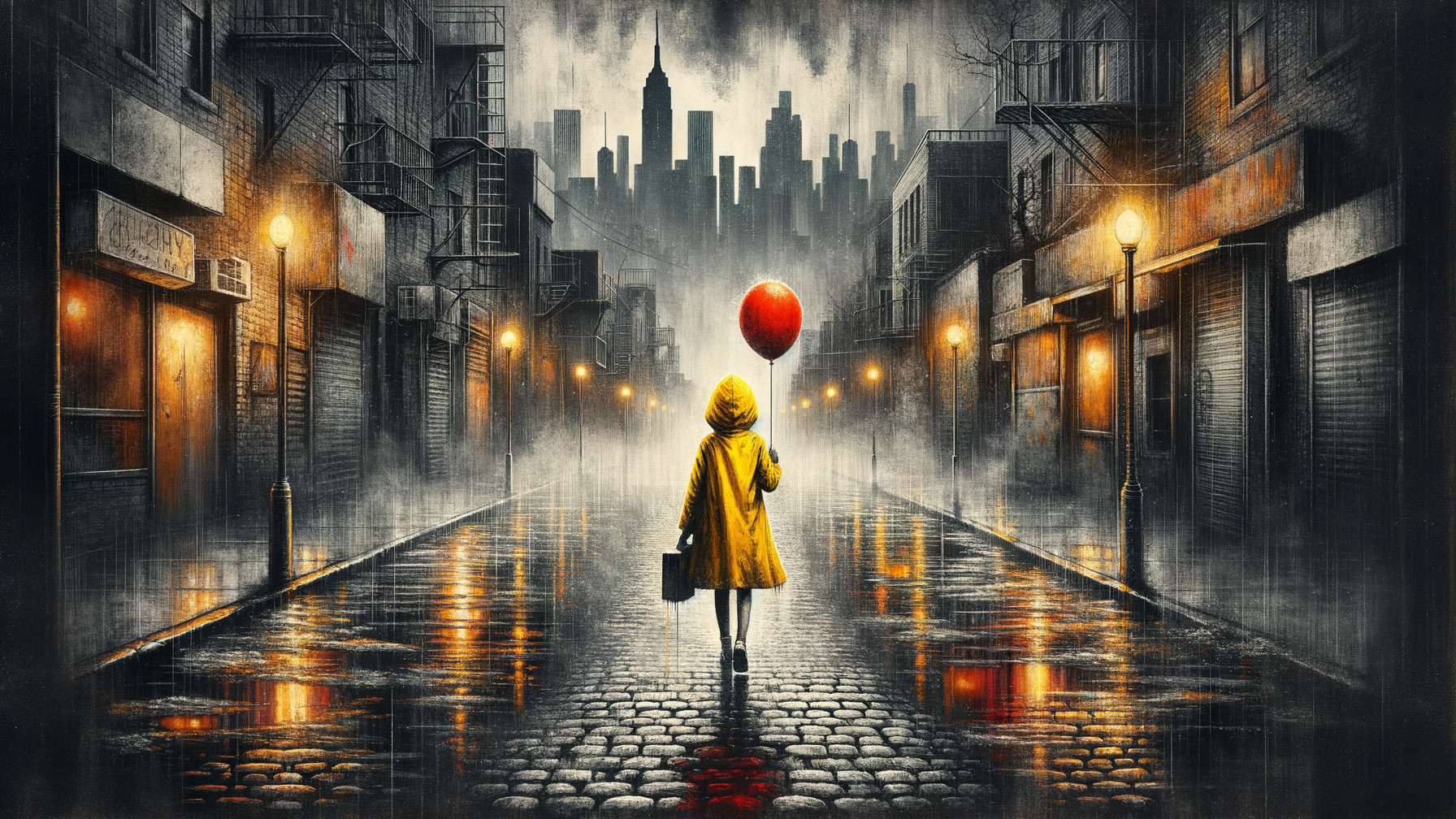 Misty Cobblestone Street with Yellow Raincoat Figure