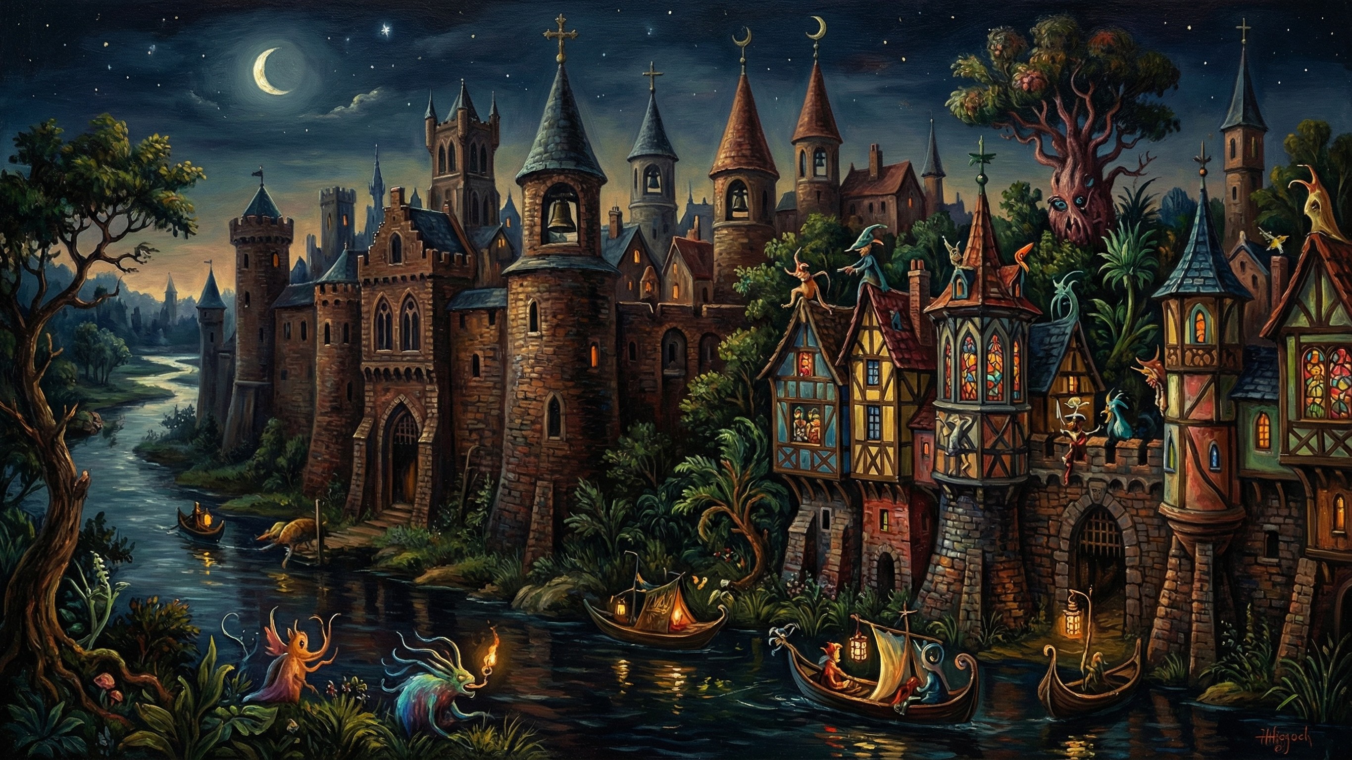 Whimsical Medieval Fantasy Town Oil Painting at Night