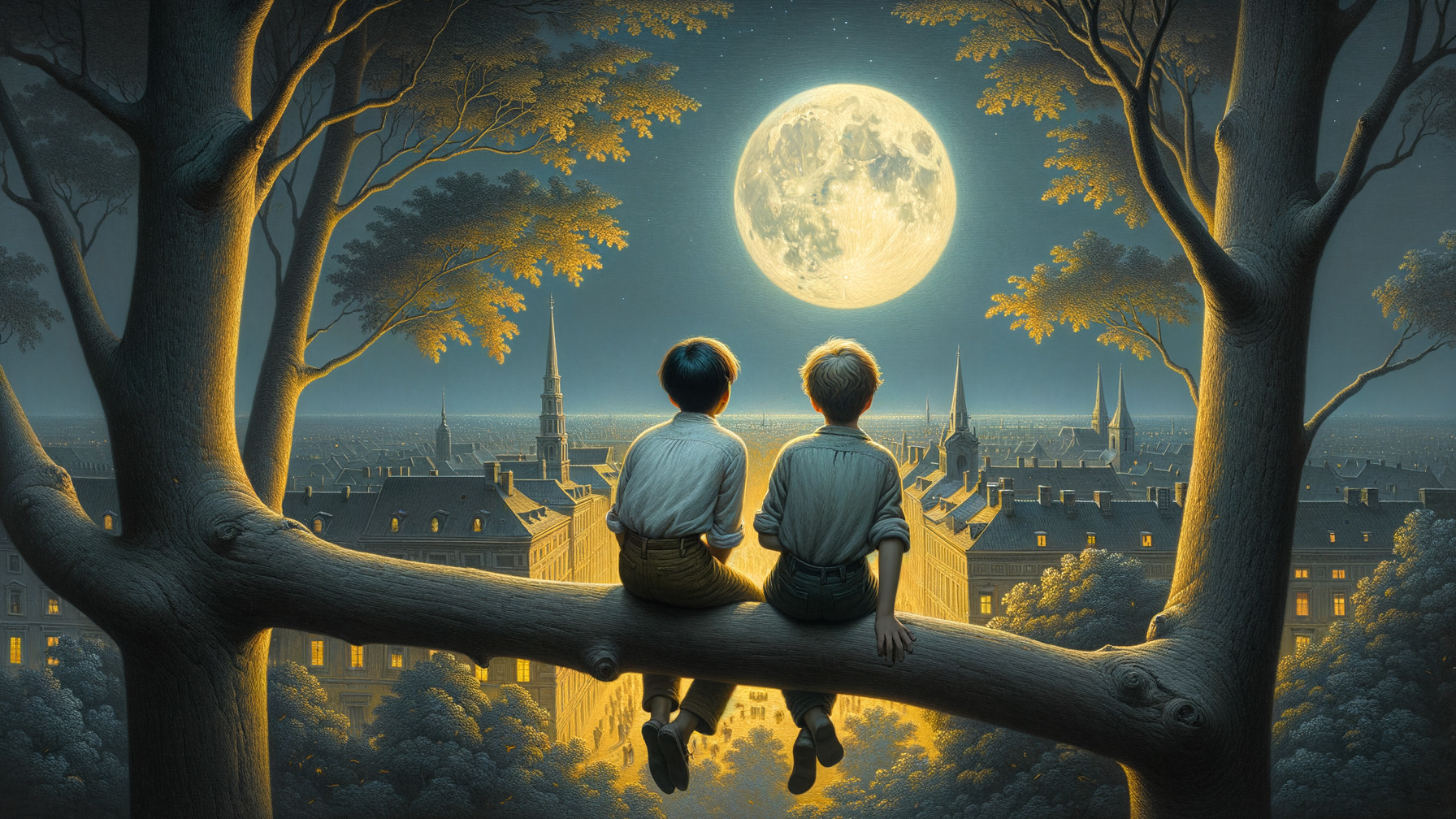Boys on Tree Branch Under Full Moon and Starry Sky