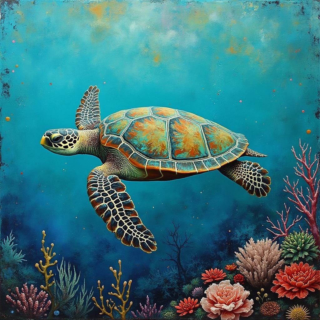 Vibrant Underwater Scene with Colorful Turtle and Coral