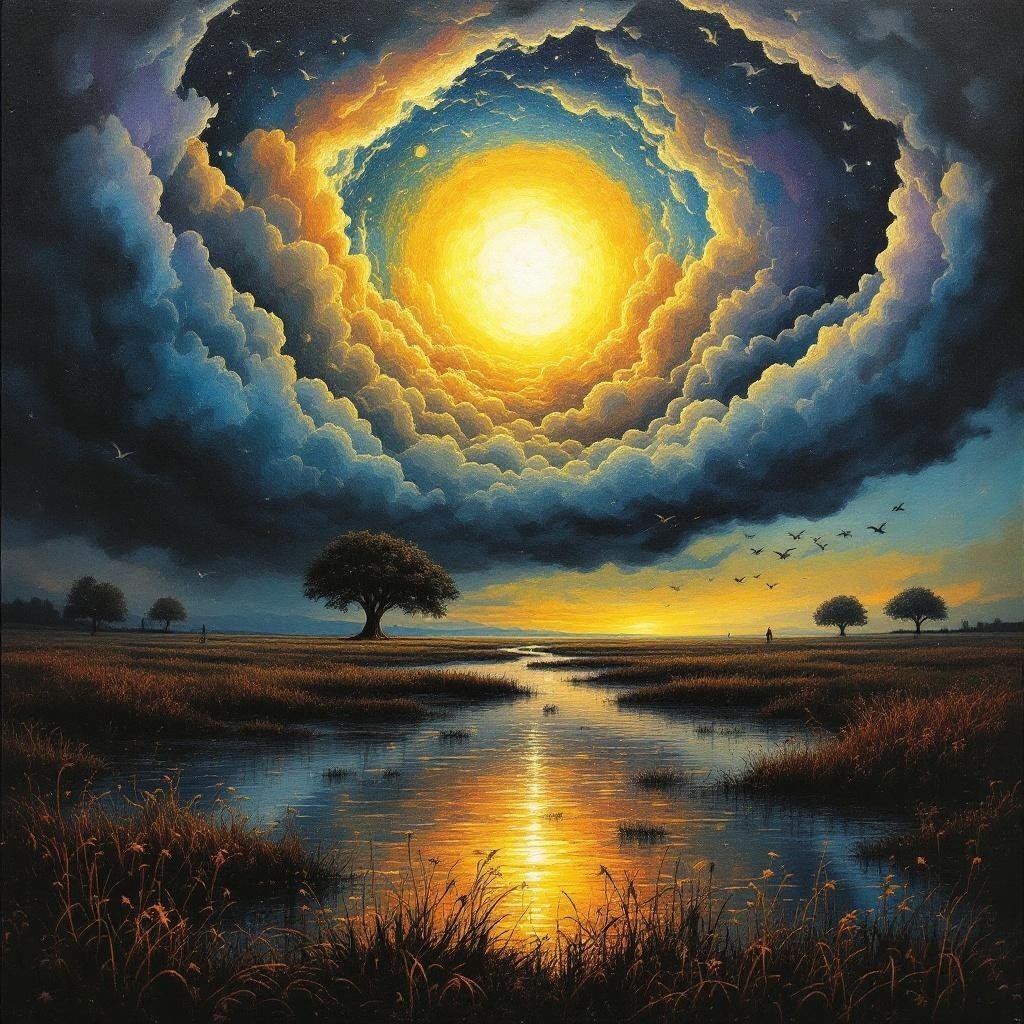 Vibrant Sunset Landscape with River and Silhouetted Trees