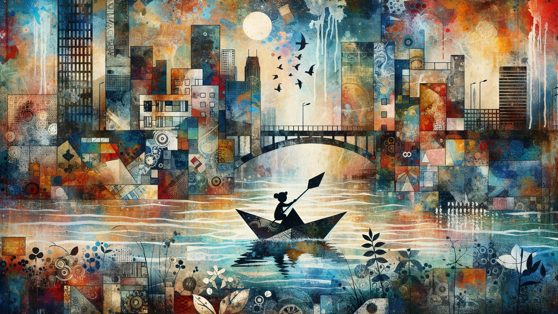 Vibrant Abstract Cityscape with Kayak and Nature Elements