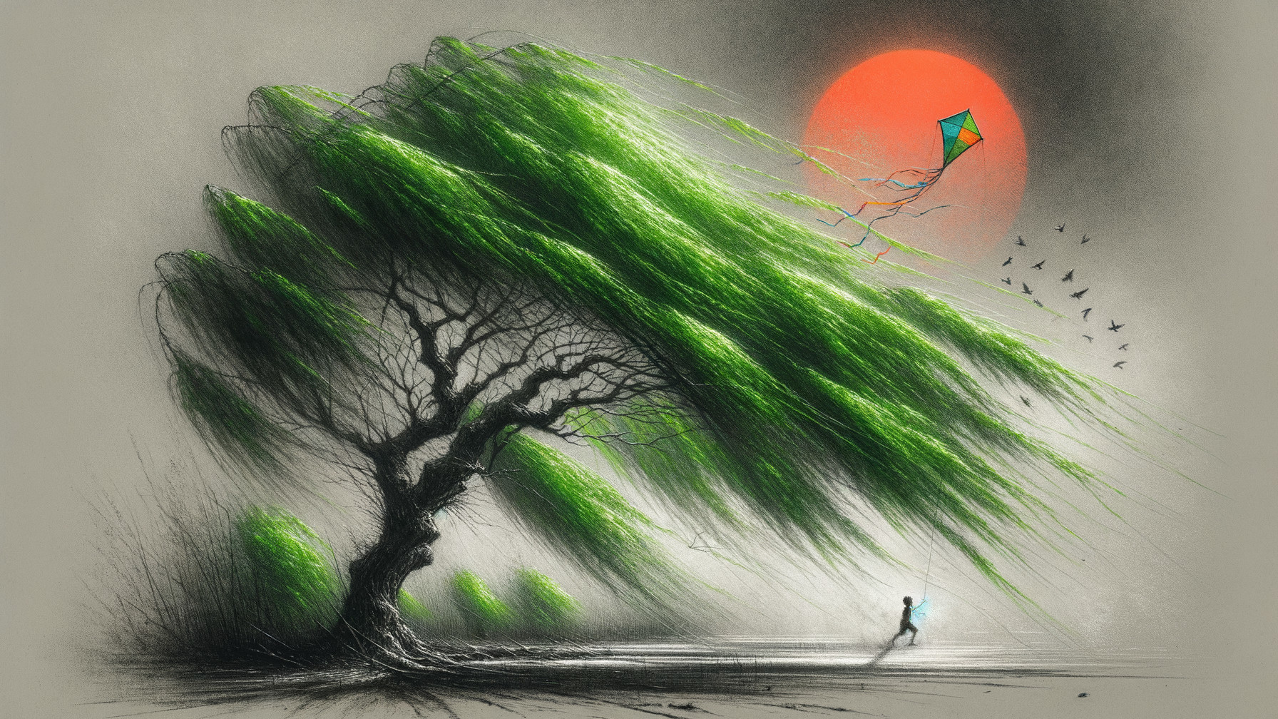 Lone Figure Under Tree at Vibrant Sunset with Kite