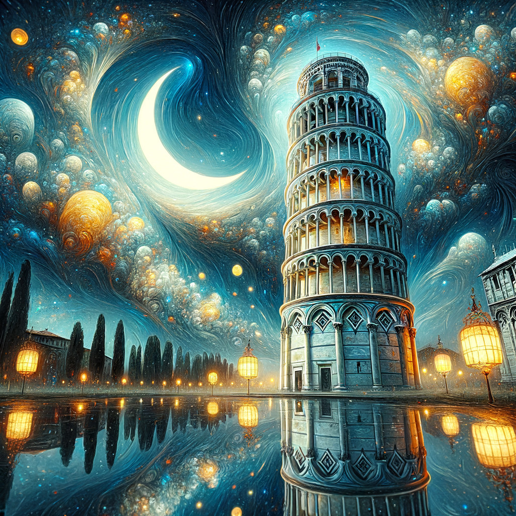 Fantastical Leaning Tower of Pisa in Cosmic Setting